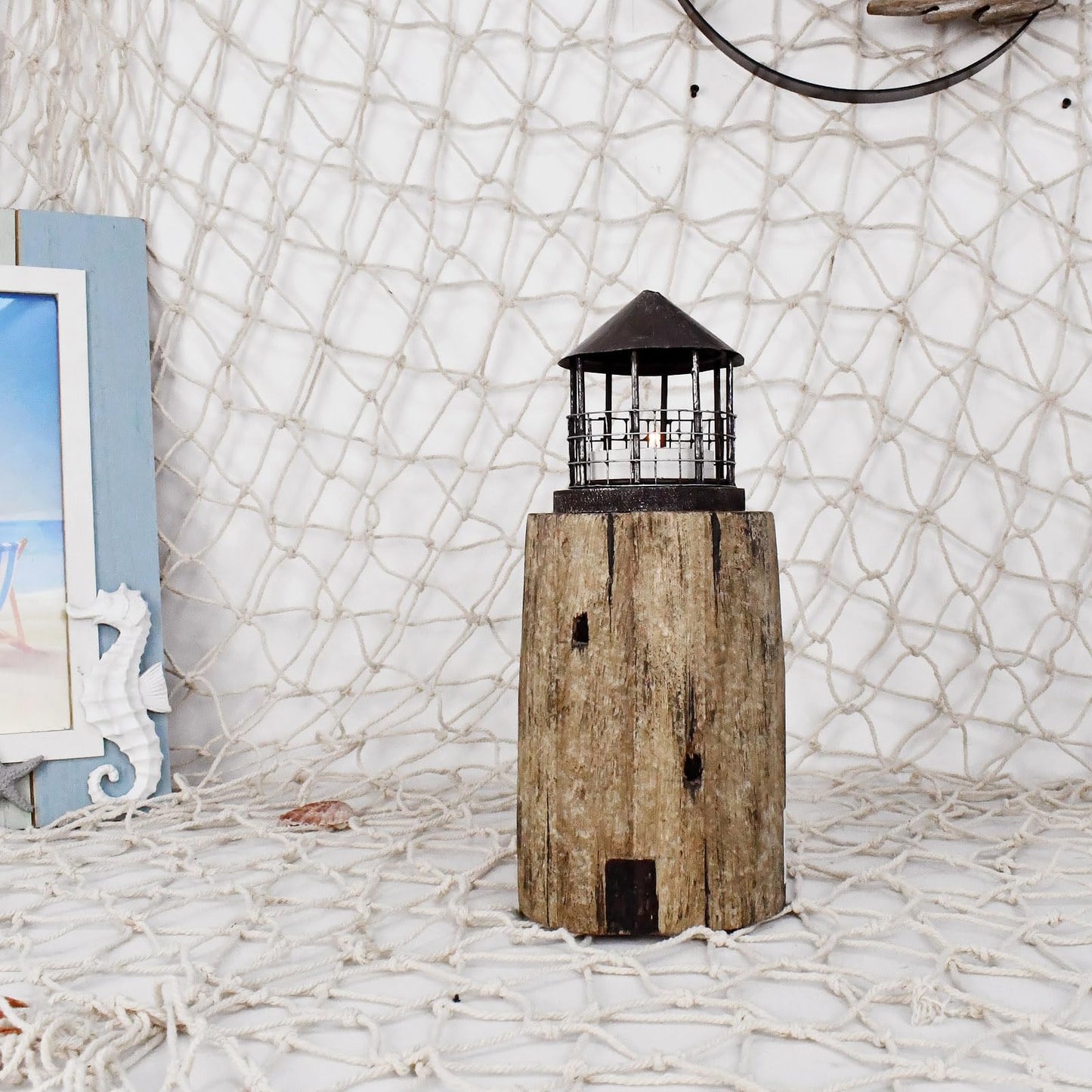 Linfevisi Wooden Lighthouse Candle Holders Decorative Tea Light Holder Ocean Beach Nautical Coastal Mini Standing Lighthouses Figurines Rustic for Home Decor Bathroom Table Party Wedding 10 Inches