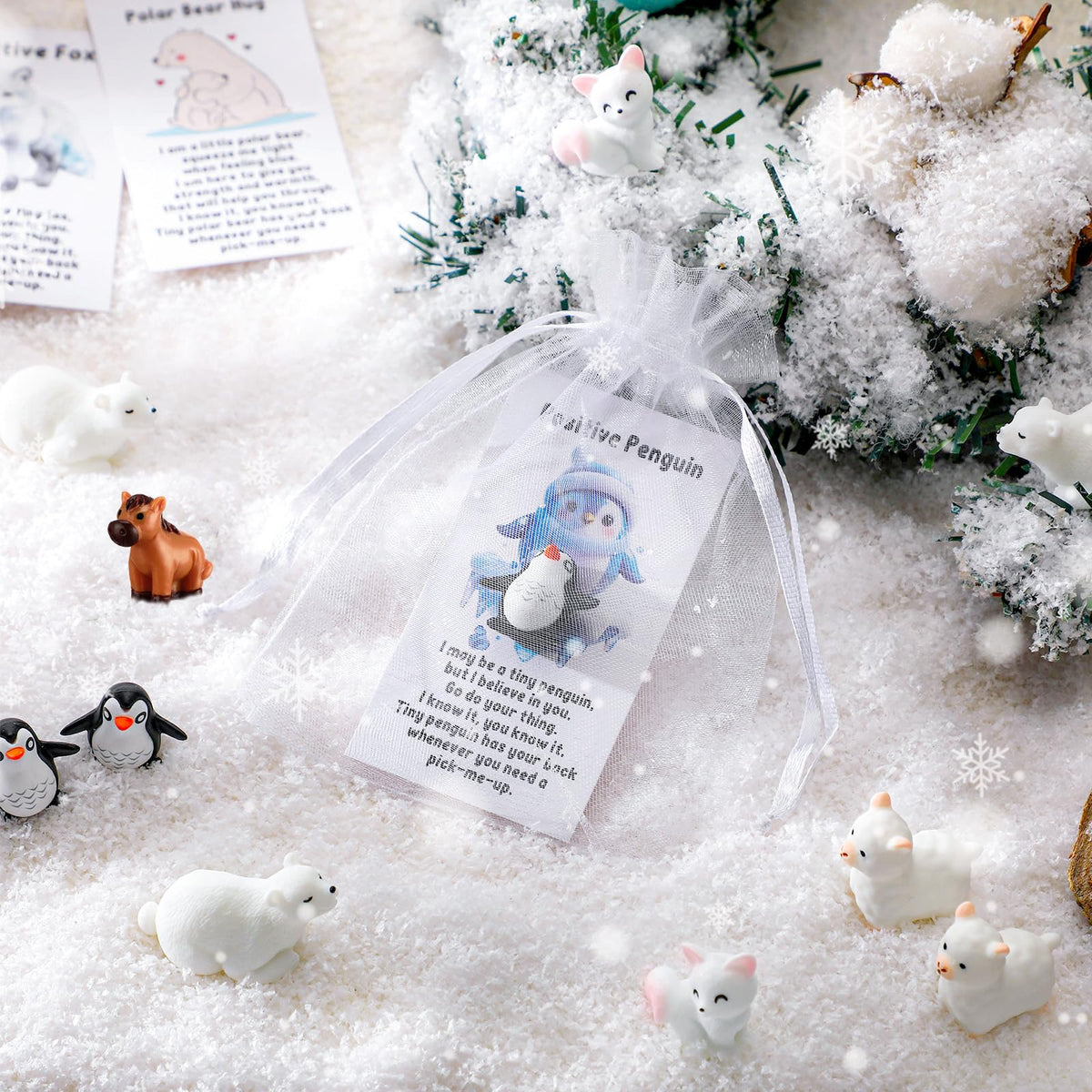 Suzile 50 Set Employee Appreciation Gifts Bulk Mini Polar Animal Figures Thank You Team Gift Pun Inspirational Card for Coworker Funny Resin Penguin Polar Bear Fox Alpaca Pony Office Favor