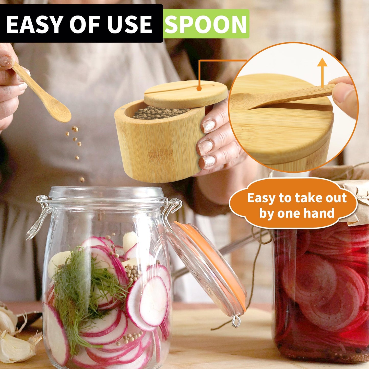 YITOBA 4 Pcs Bamboo Salt Containers for Countertop, Salt and Pepper Bowls with Magnetic Swivel Lid & Spoon, Salt Shakers for Kitchen, Spices Storage Jars, Sugar Holder (4 Pack)