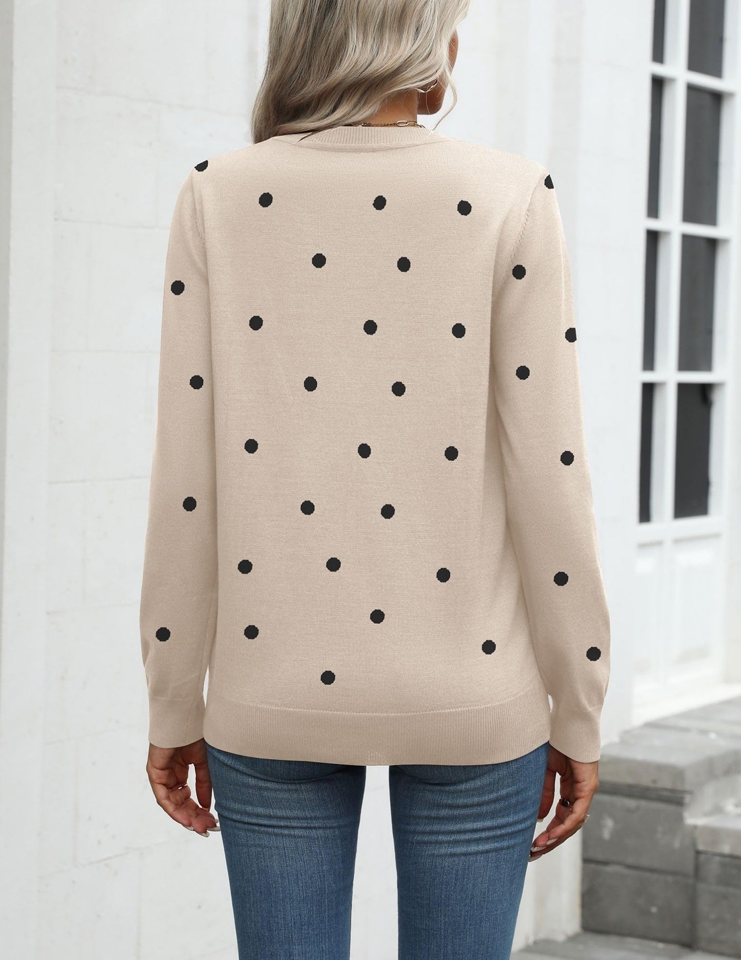 Zeagoo Womens 2025 Fall Sweaters Long Sleeve Tops Classic Crew Neck Pullover Sweaters Loose Dressy Polka Dot Basic Tops