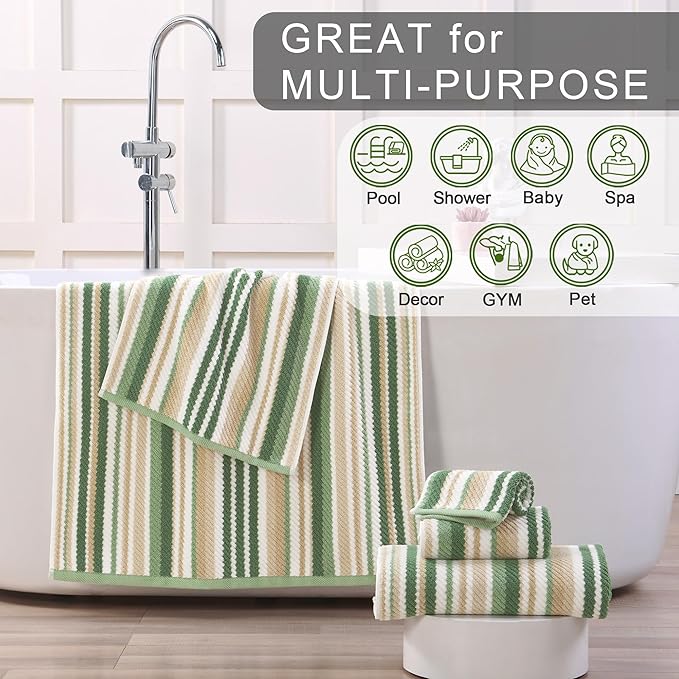 Green Hand Towels Set of 4, Striped Hand Towels