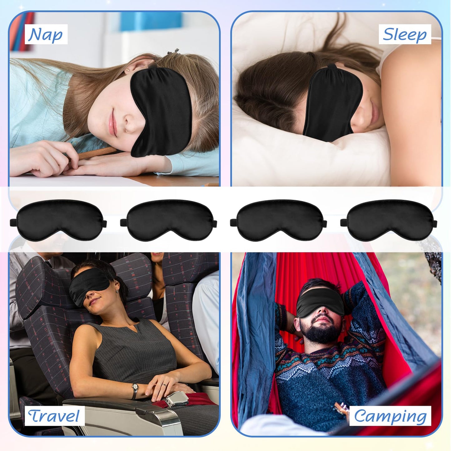 BBTO 4 Pcs Silk Sleep Eye Masks Smooth Soft Satin Eye Covers with Adjustable Strap Blindfold for Sleeping Blocking Out Lights Travel Relaxation (Royal Blue, Dark Green, Navy Blue, Black)
