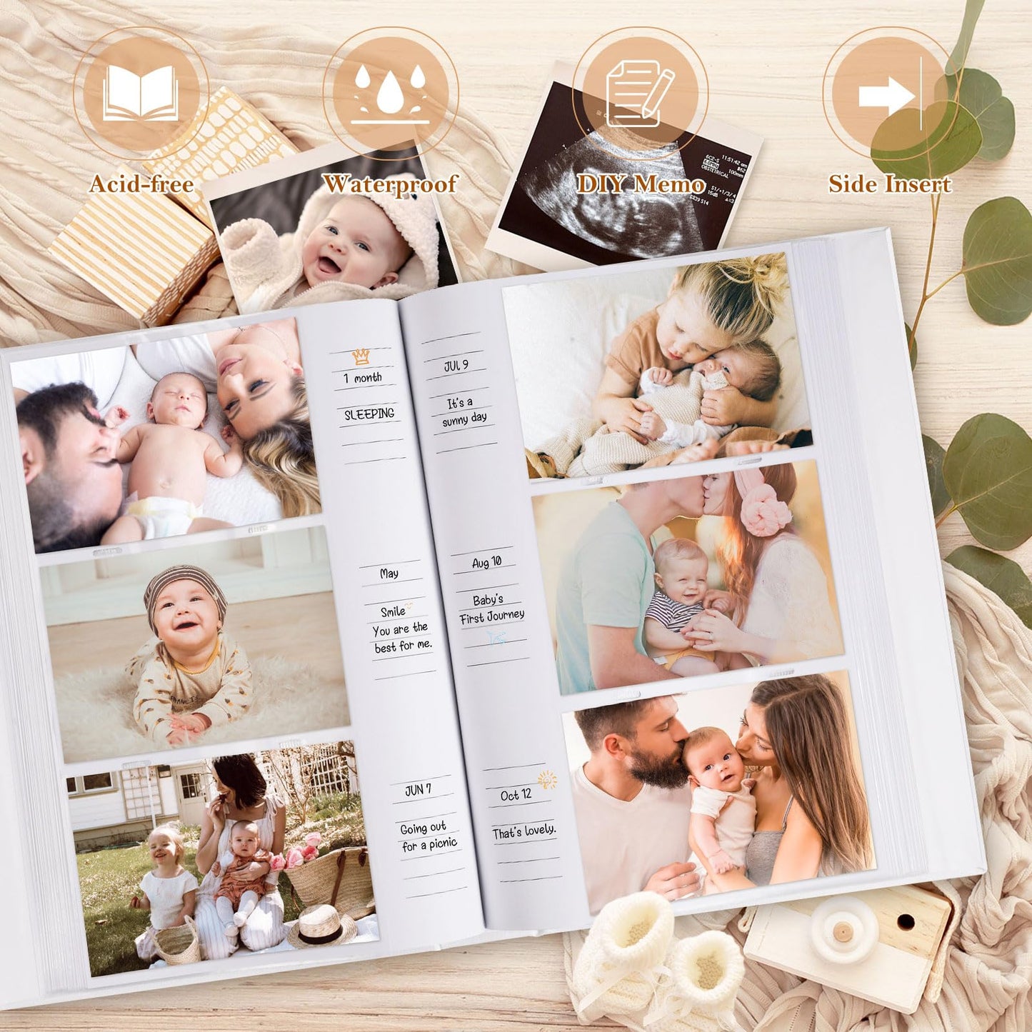 Lanpn Baby Photo Album 6x4 300 Pockets, Linen Newborn Bebe Ultrasound Photo Album with Memo Writing Area, Cover Photo Book Picture Album for kids, Baby Boy Memory Book Keepsake Gift Baby Shower Beige