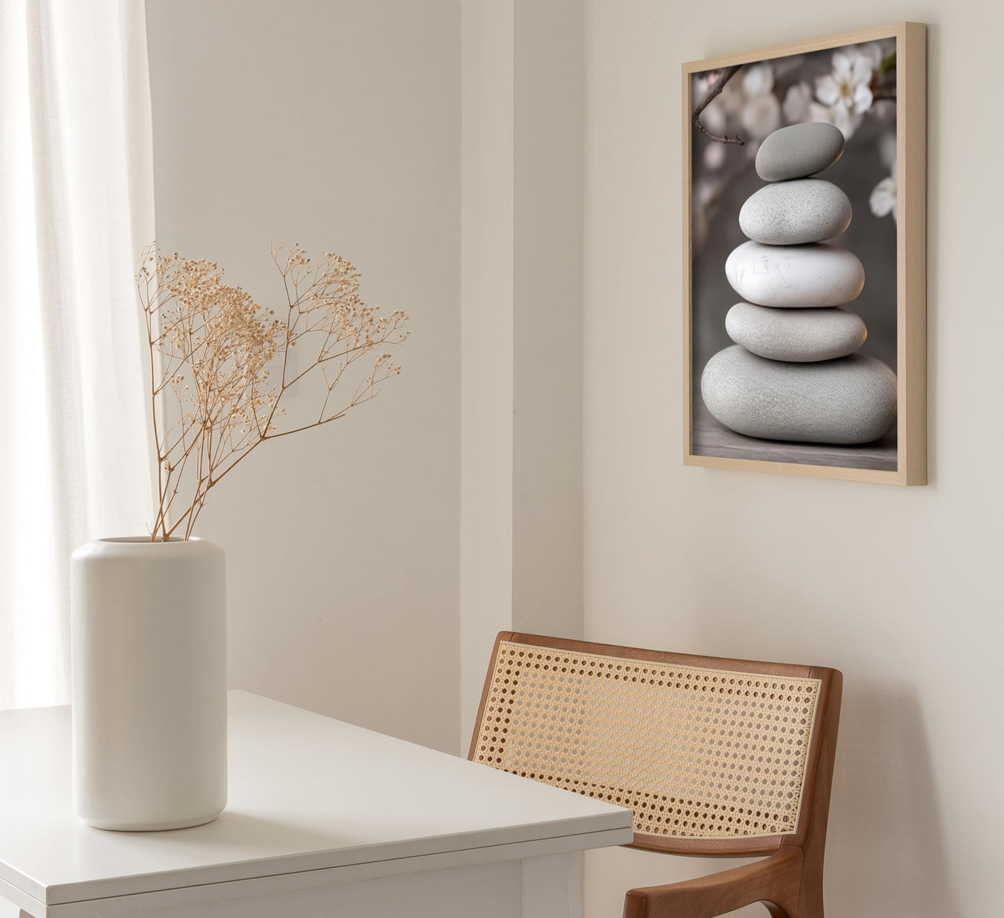 ZHJIOFXG 3 Piece Zen Canvas Wall Art Stacked Stones Cherry Blossom Candle Spa Wall Decor Calming Minimalist Neutral Poster Print Art for Bathroom Bedroom Yoga Room Office Living Room 12x16in Unframed