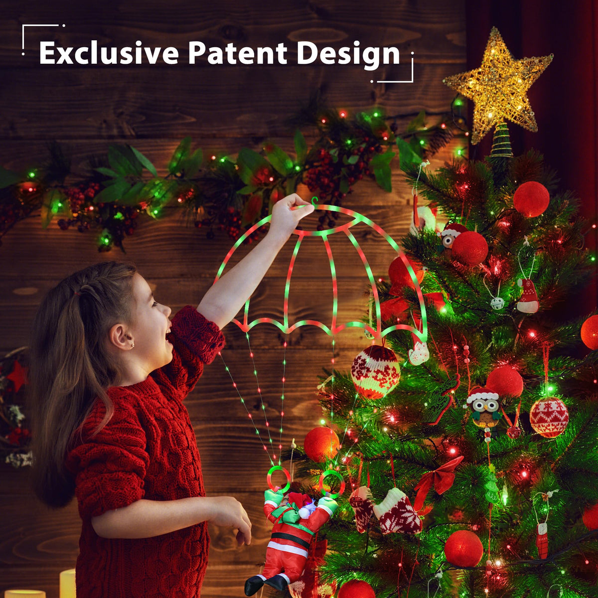 Toodour Christmas Decorations Lights Outdoor, 2.8FT Christmas Parachute Lights with Santa Claus, Waterproof 8 Modes Hanging Red & Green Xmas Light - Holiday Decorative Light for Indoor Eave Roof