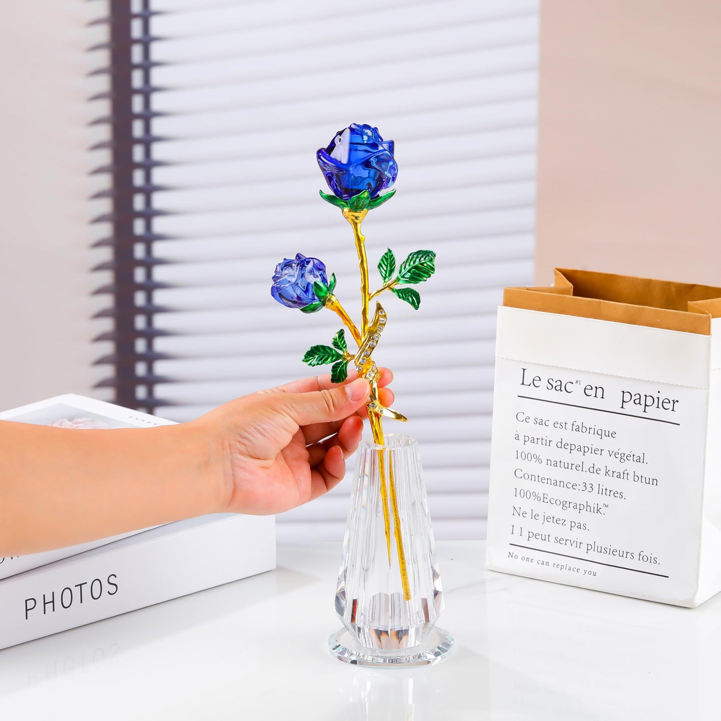 Rose Flower Crystal Figurine with Vase - Blue Bouquet Flowers Ornament Gifts for Wife Girlfriend Women - Handmade Crystal Flower Collectible Home Table Decor for Valentine Day Wedding Anniversary
