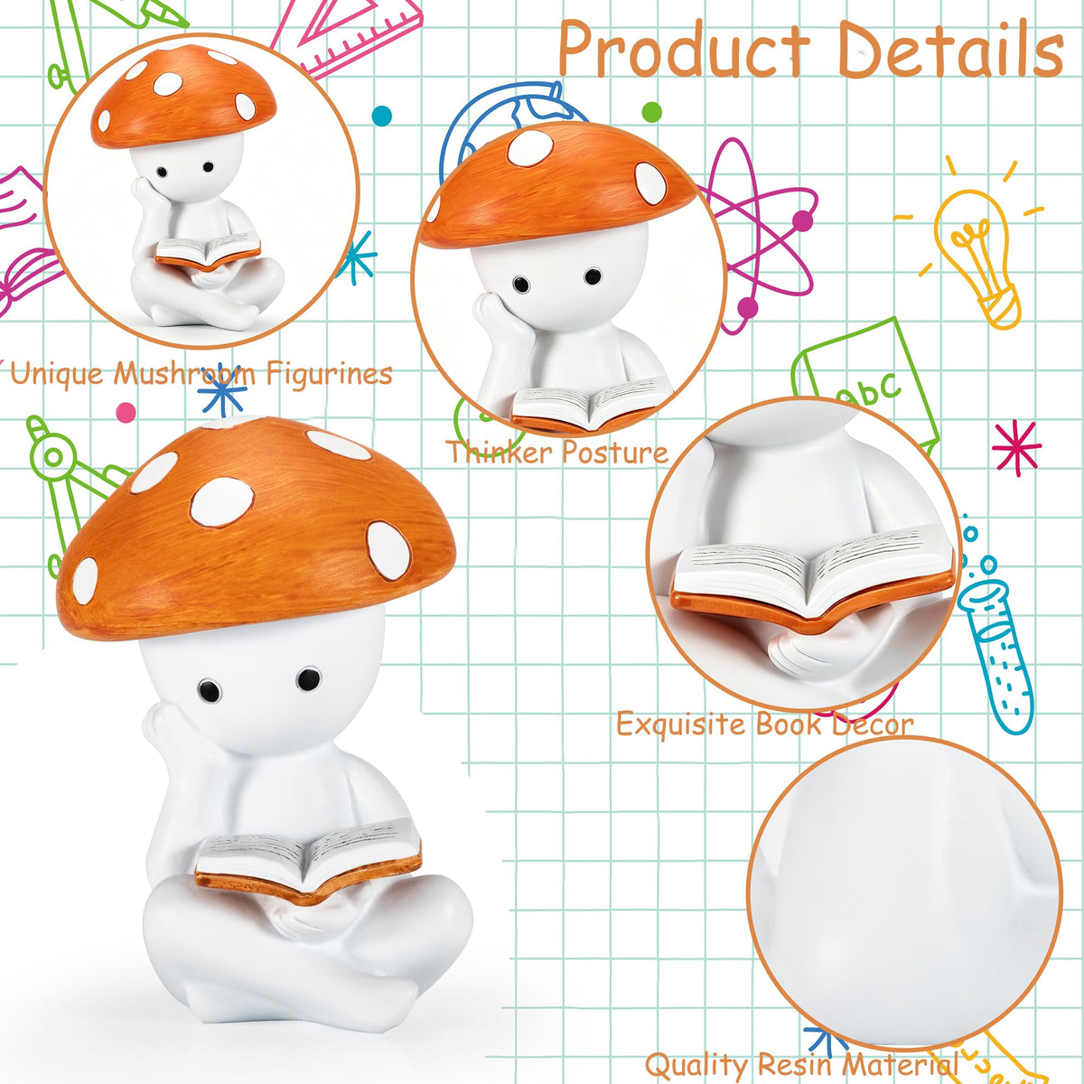 zimiliz Mushroom Thinker Statue for Bookshelf Decor,Mushroom Figurines for Office Desk Shelf Home Living Room Table Book Decorations Aesthetic,Whimsical Decor Gifts for Book Lovers (White)