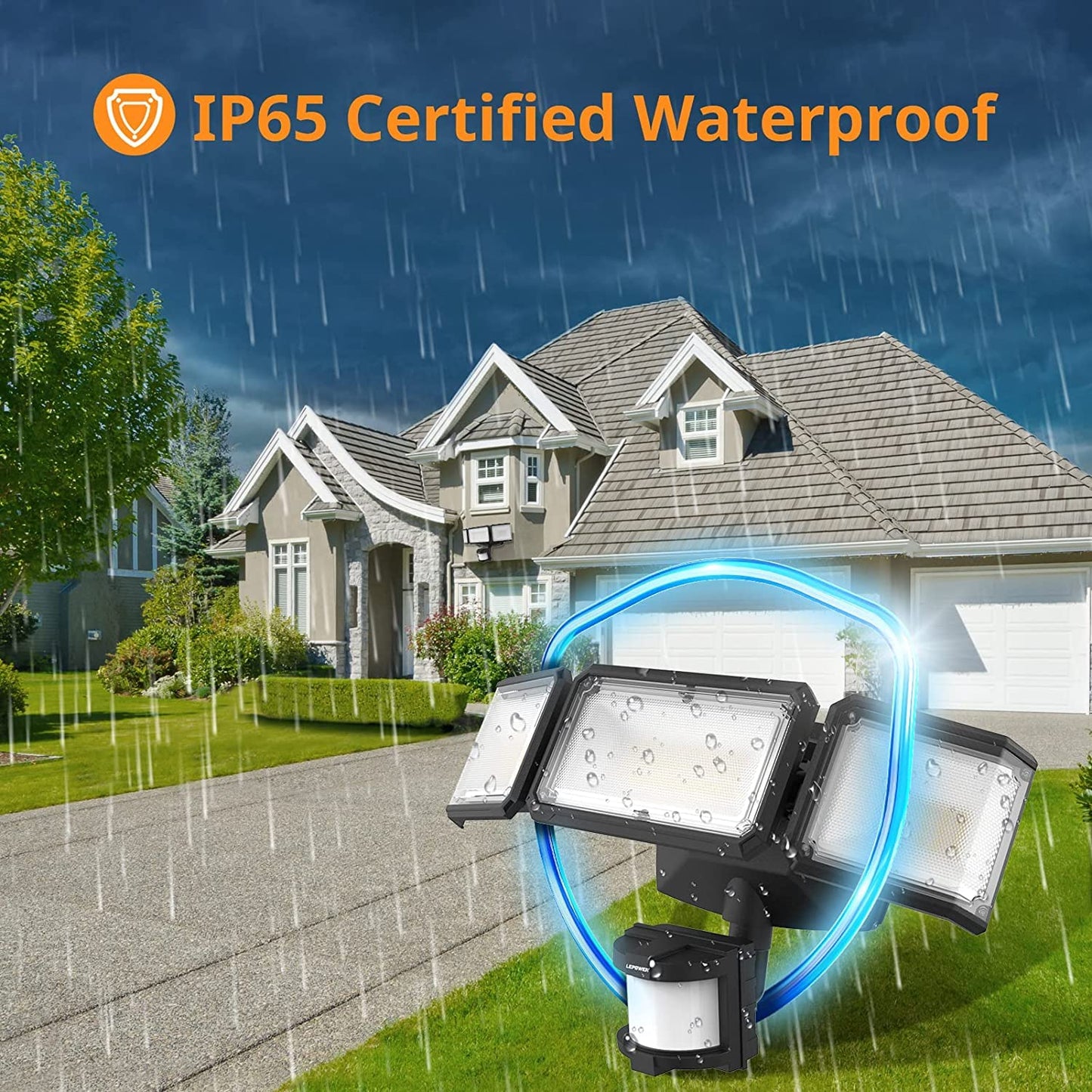 LEPOWER Battery Powered LED Flood Light Outdoor,1500LM Motion Sensor Security Lights,5000K, IP65 Waterproof,Wireless Flood Light Battery Operated,3 Head Motion Detector Lights for Garage,Yard,Porch