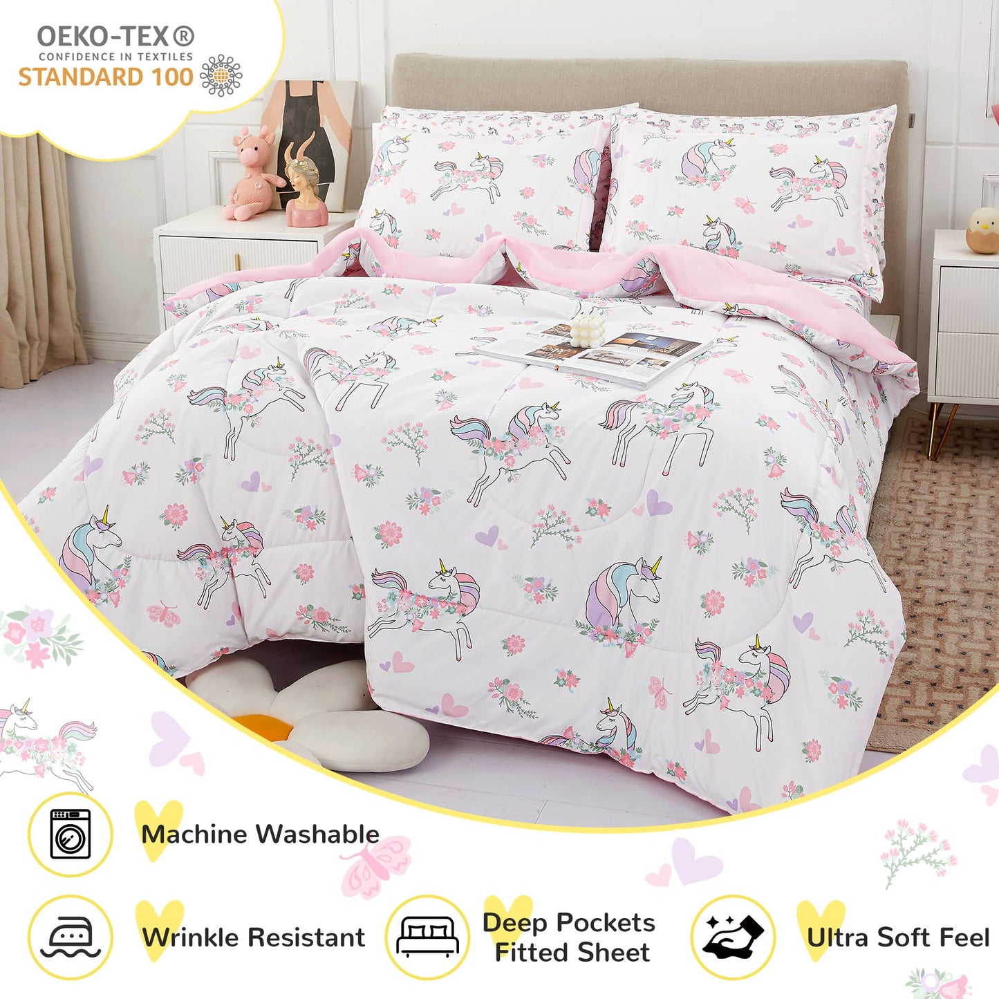 Viviland Kids Twin Bedding Sets for Girls, Soft Twin Comforter Set with Sheets, 5 Pieces Microfiber Bed in a Bag, White Unicorn