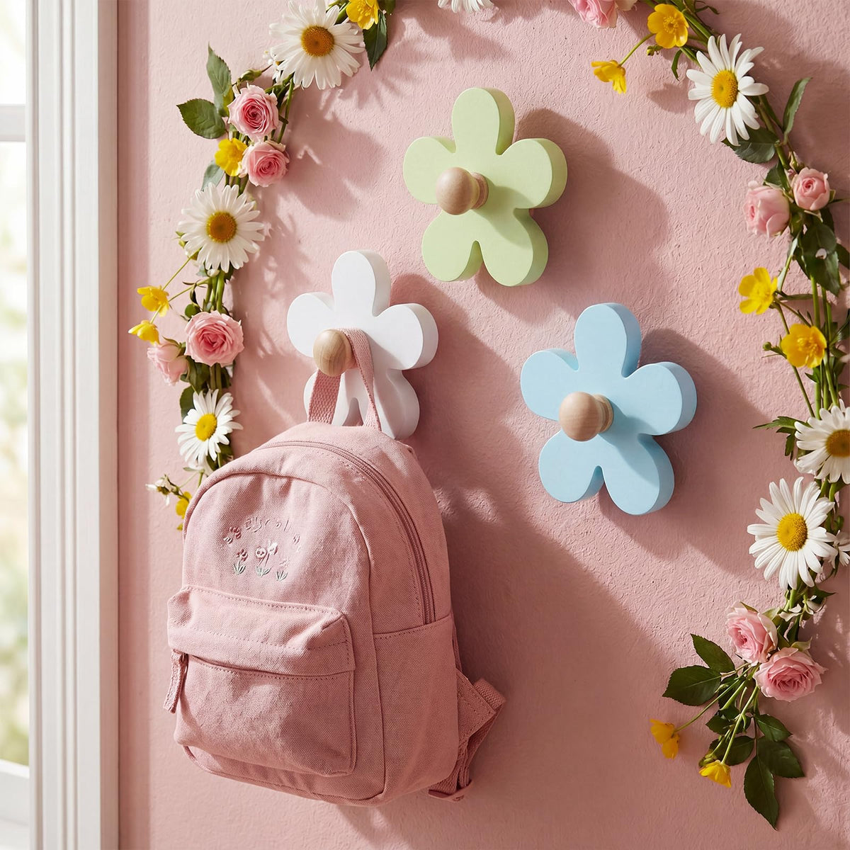 AceOrbit Pcs Daisy Wall Hooks Wood Flower Towel Hooks Cute Flower Decorative Wall Mount Hangers for Bathroom Kitchen Bedroom Home Entryway Decor(3,White, Green, Blue)