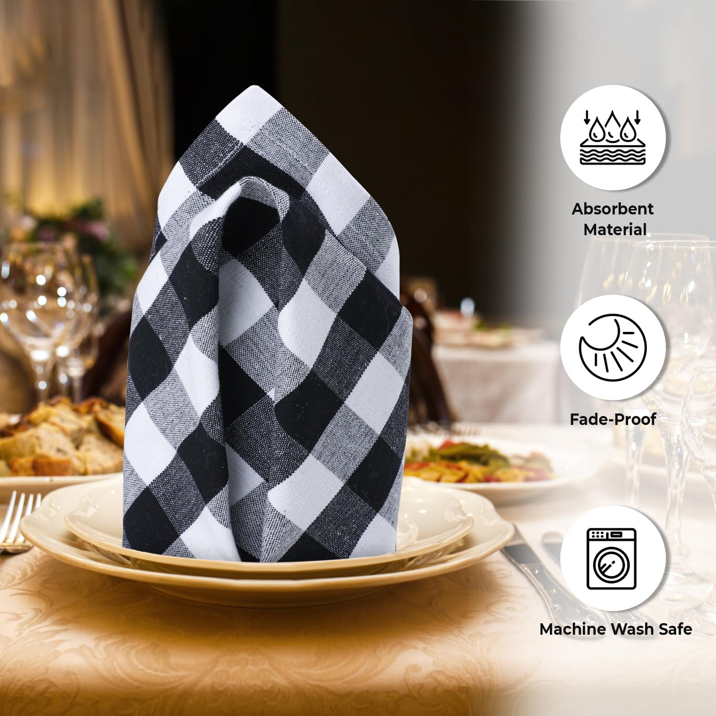 Urban Villa Cloth Napkins 100% Cotton Dinner Napkins Highly Absorbent 20x20 Inches (Set of 12) Black White Buffalo Checks Reusable Washable Soft Durable Premium Napkins Ideal for Home Wedding Parties