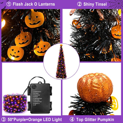 TURNMEON 5Ft Black Tinsel Halloween Tree with 50LED Orange Purple Lights Timer 8 Modes Pumpkin Ornament Pop Up Artificial Pencil Tree Halloween Decorations Home Party Indoor Outdoor