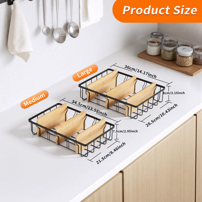 CACHOLIV 2-Pack Adjustable Lid Organizers - Large Kitchen Cabinet Organizer for Food Storage Container and Tumbler Cup Lids with 6 Bamboo Dividers -Organizers in Kitchen/Pantry/Laundry Room(Size:M+L)