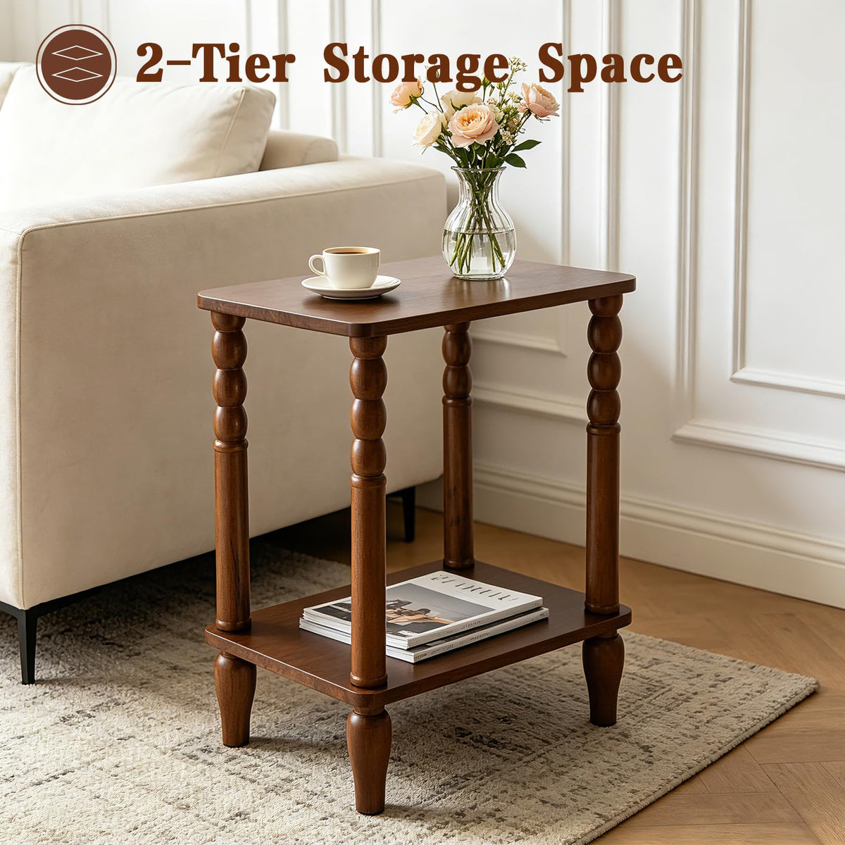 Lampaggio Solid Wood End Table with Storage Shelf, 2-Tier Small Side Table with Vintage Spindle Legs, Narrow Nightstand for Living Room, Bedroom & Small Spaces, Easy Assembly (Brown)