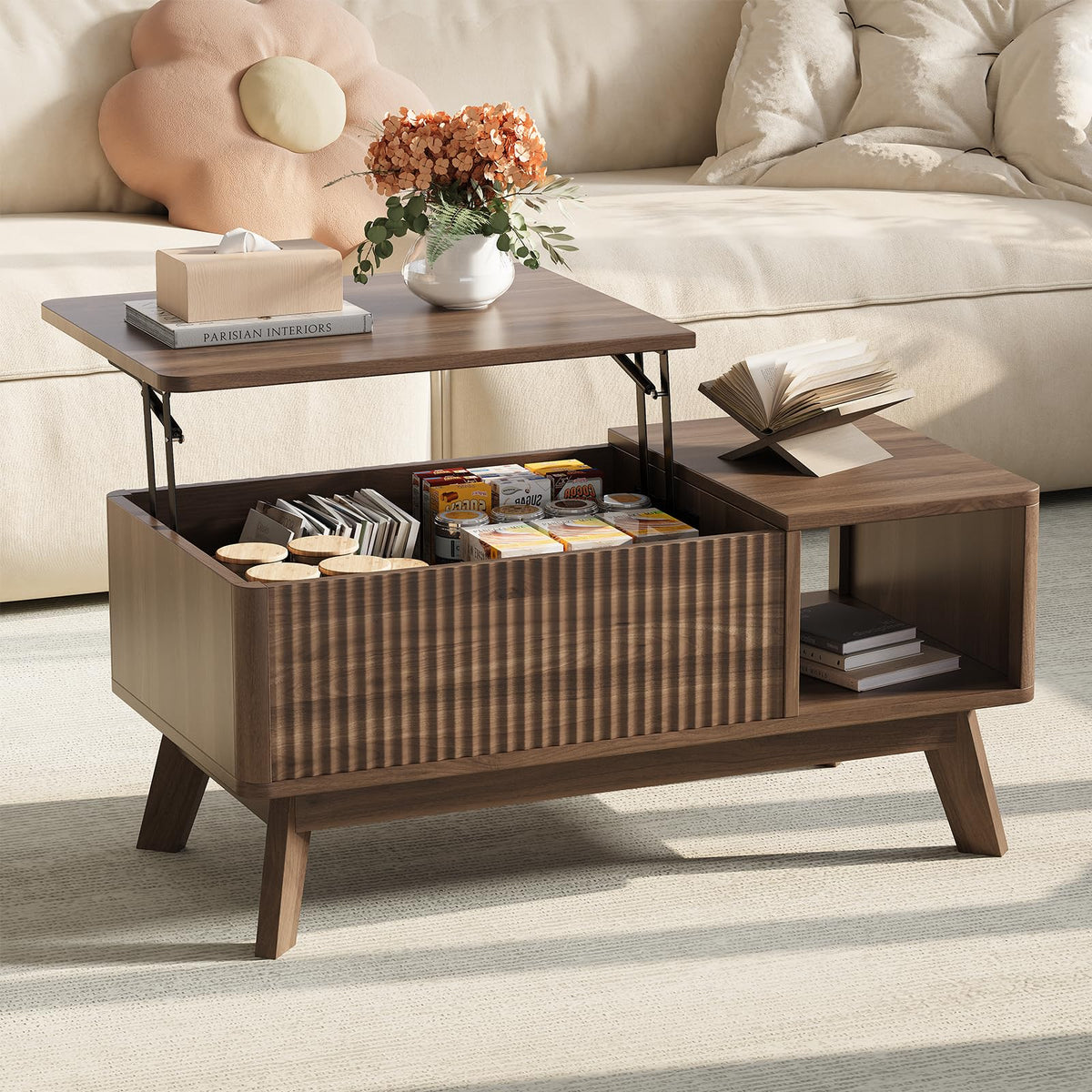 TROJM Wood Lift Top Coffee Table with Hidden Compartment and Large Storage Shelf, Lift Tabletop Dining Center Table for Home Living Room Office,Walnut