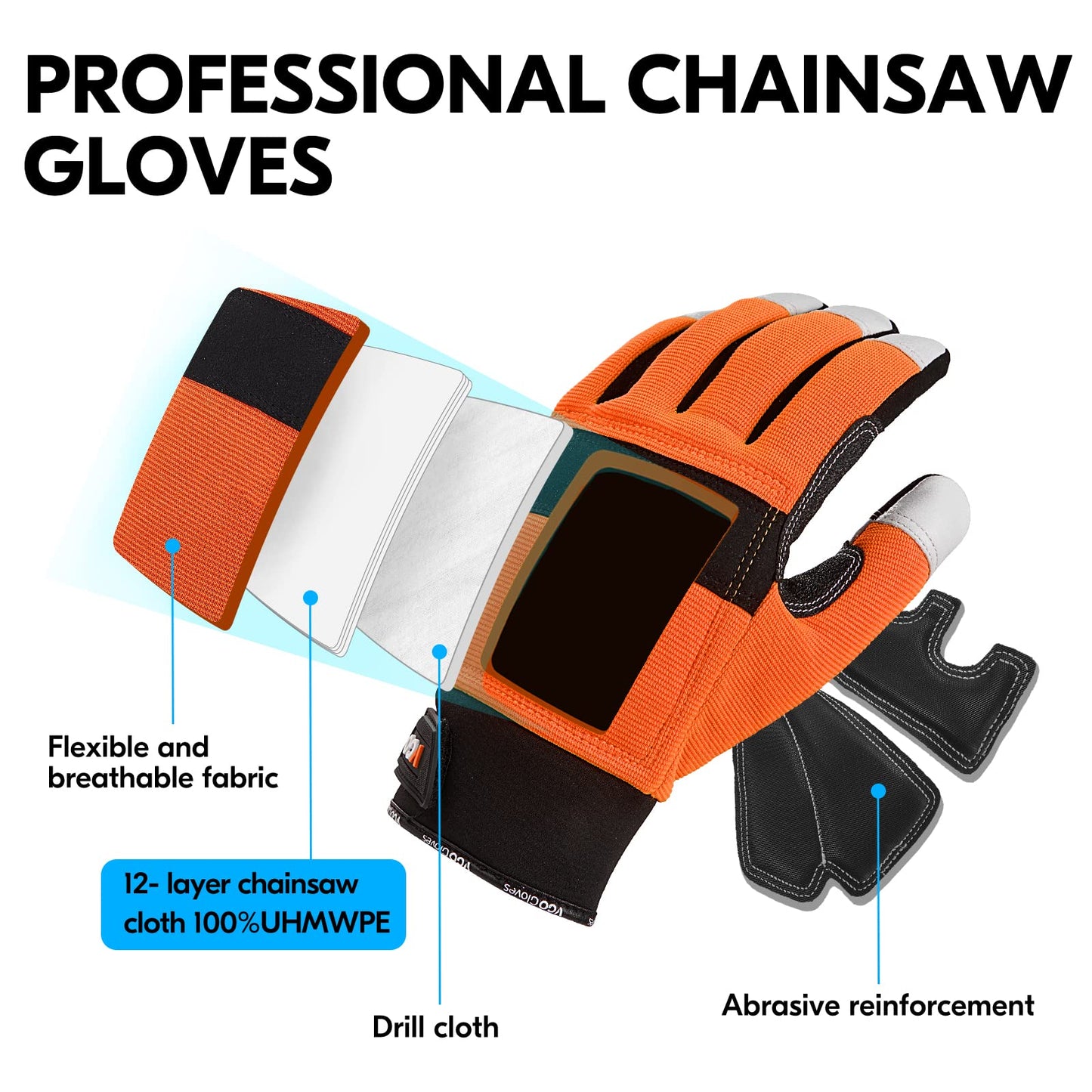 Vgo... Chainsaw Gloves 12-Layer Protection on Both Hands, Safety Goat Leather Foresty Work Gloves with Touchscreen(M,Orange,1 pair)