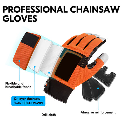 Vgo... Chainsaw Gloves 12-Layer Protection on Both Hands, Safety Goat Leather Foresty Work Gloves with Touchscreen(M,Orange,1 pair)