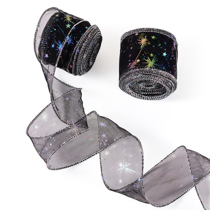Beadthoven 20 Yards Organza Ribbon Black 2-1/8 inch Iridescent Glitter Star Print Sheer Ribbon Tulle Fabric Mesh Ribbons for Gift Wrapping, Bows, Floral Bouquets, DIY Crafts, Wedding, Party