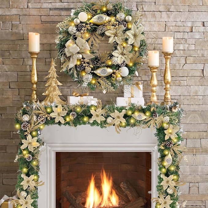 WANNA-CUL Pre-Lit 24 Inch Lighted Christmas Wreath for Front Door Champagne Gold Christmas Door Wreath Decor with Ball Ornaments, Poinsettia Flowers,Ribbon,Pine Cones,Battery Operated 30 LED Lights
