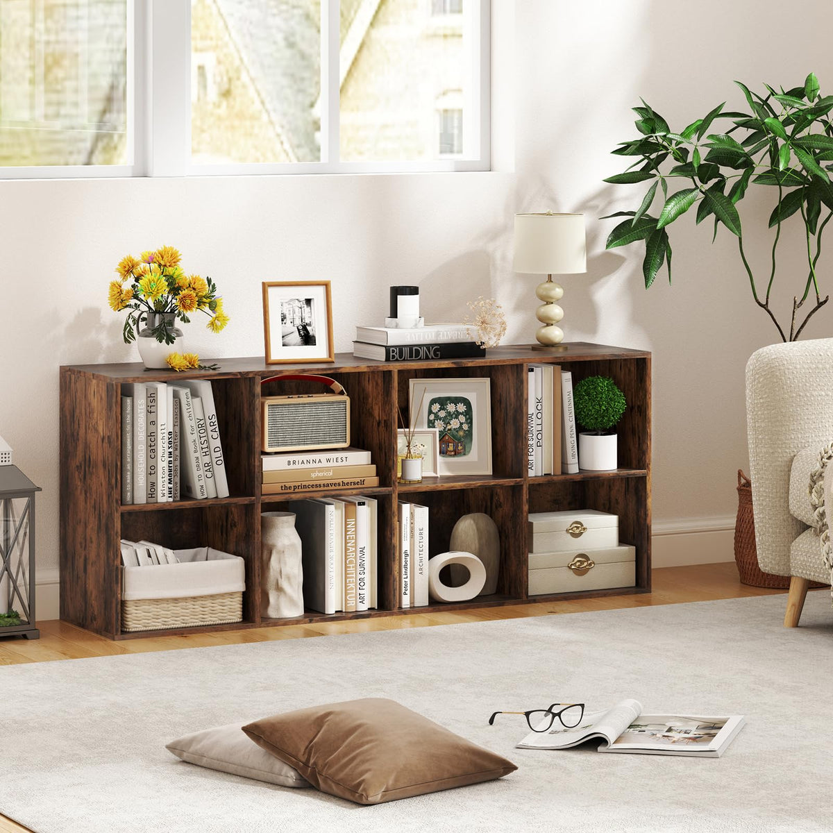 Giantex 8-Cube Bookcase, Floor Standing Bookshelf with Storage & 2 Anti-Tipping Kits, Open Storage Organizer, Cubby Wooden Book Shelf for Living Room, Study (Rustic Brown, 8-Cube)