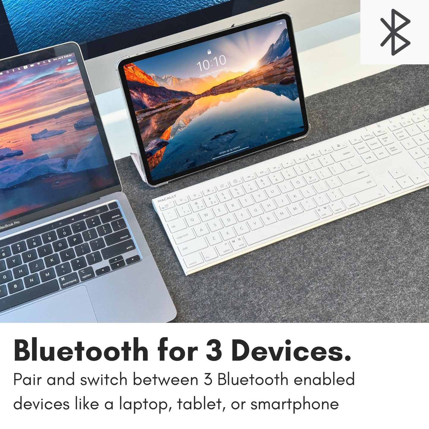 Macally Wireless Bluetooth Keyboard for Mac - Compatible Apple Keyboard or MacBook Pro/Air, iMac - Multi-Device, Up to 3 Devices with 110 Keys, 20 Shortcuts, Numeric Keypad, and Rechargeable - Silver