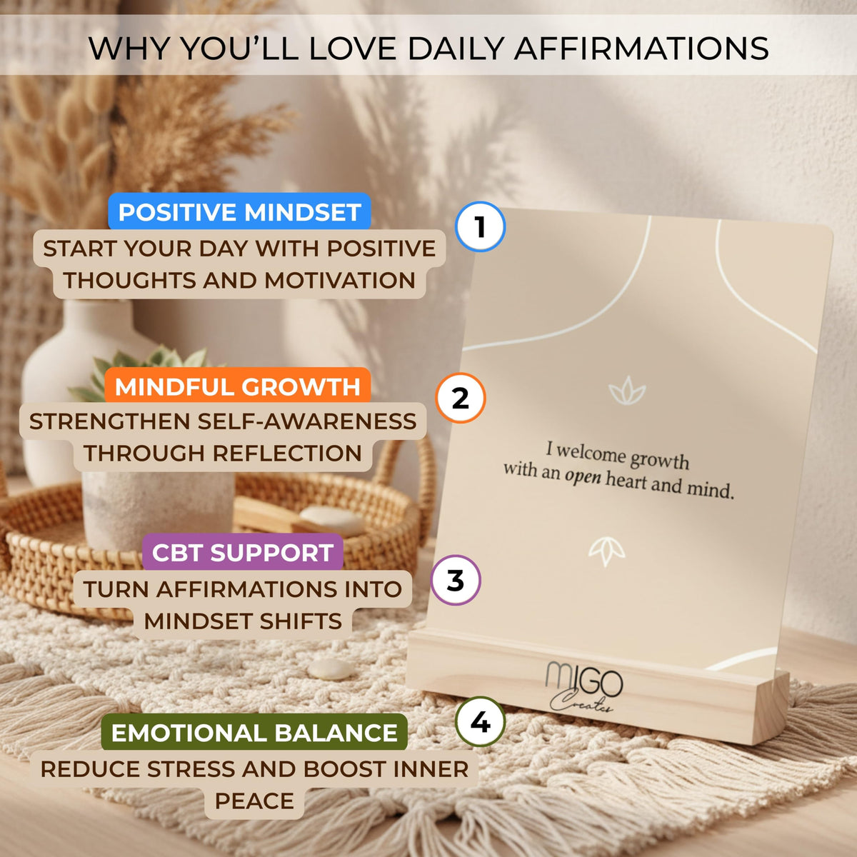 Mindful 60 Positive Affirmation Cards for Women with 10 Inspirational Tokens, 2 Rings & Display Stand, Daily Affirmations for Inspiration & Self Care, Unique Gift Cards for Women and Men