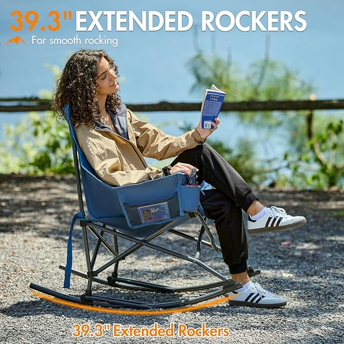 Portal Outdoor Rocking Chair Camping Folding Portable Rocker with Cup Holder Side Pocket Carry Bag, Support 350LBS, Blue