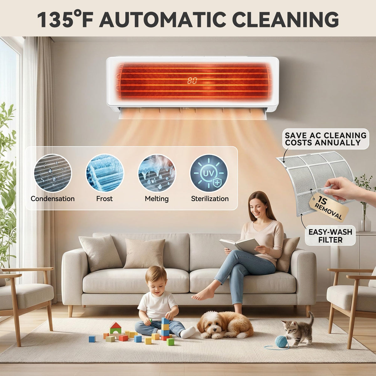 YITAHOME 18 SEER2 9000BTU Mini Split AC/Heating System 115V, Pre-charged Inverter AC Cool & Heat Up to 450 Sq. Ft, Pure Design, Compatible with 3 Level Eco Mode, Complete Installation Kit, White