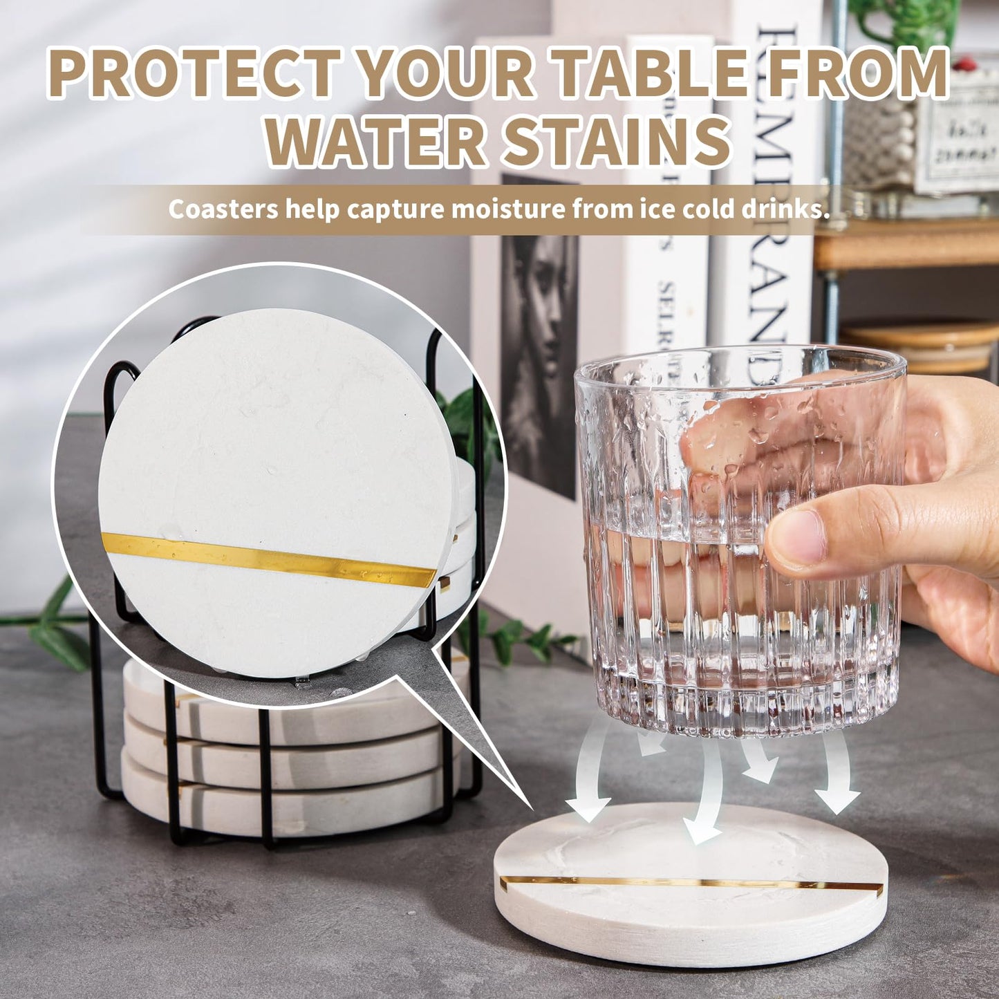 LiWiBet White Marble Coasters for Drinks with Holder Set of 4, Round Stone Coasters 3.94 Inches Elegant for Home Bar & Coffee Table Accessories Office Kitchen & Dining, Home Decor & Protection