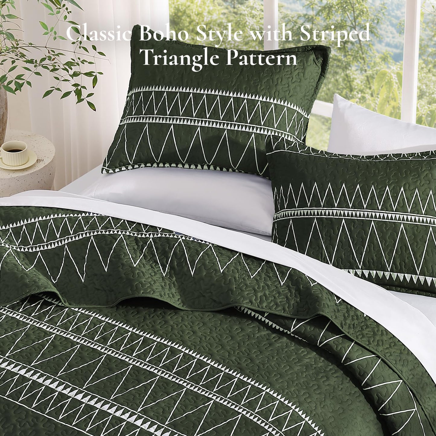 Andency Green California King Quilt Set, 3 Pieces Boho Lightweight Soft Striped Cal King Bedspread for All Season (112"x104"), Printed Bohemian Polyester Reversible Coverlet Comforter Sets