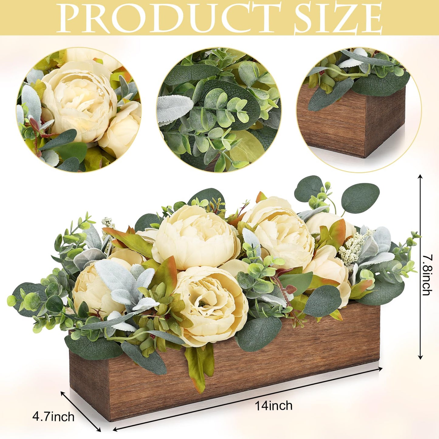 Scawim Flower Table Centerpieces for Dining Room, Summer Artificial Peony Table Centerpieces Wood Tray with Fake Flowers for Wedding Living Room Party Bar Kitchen Table(Champagne)