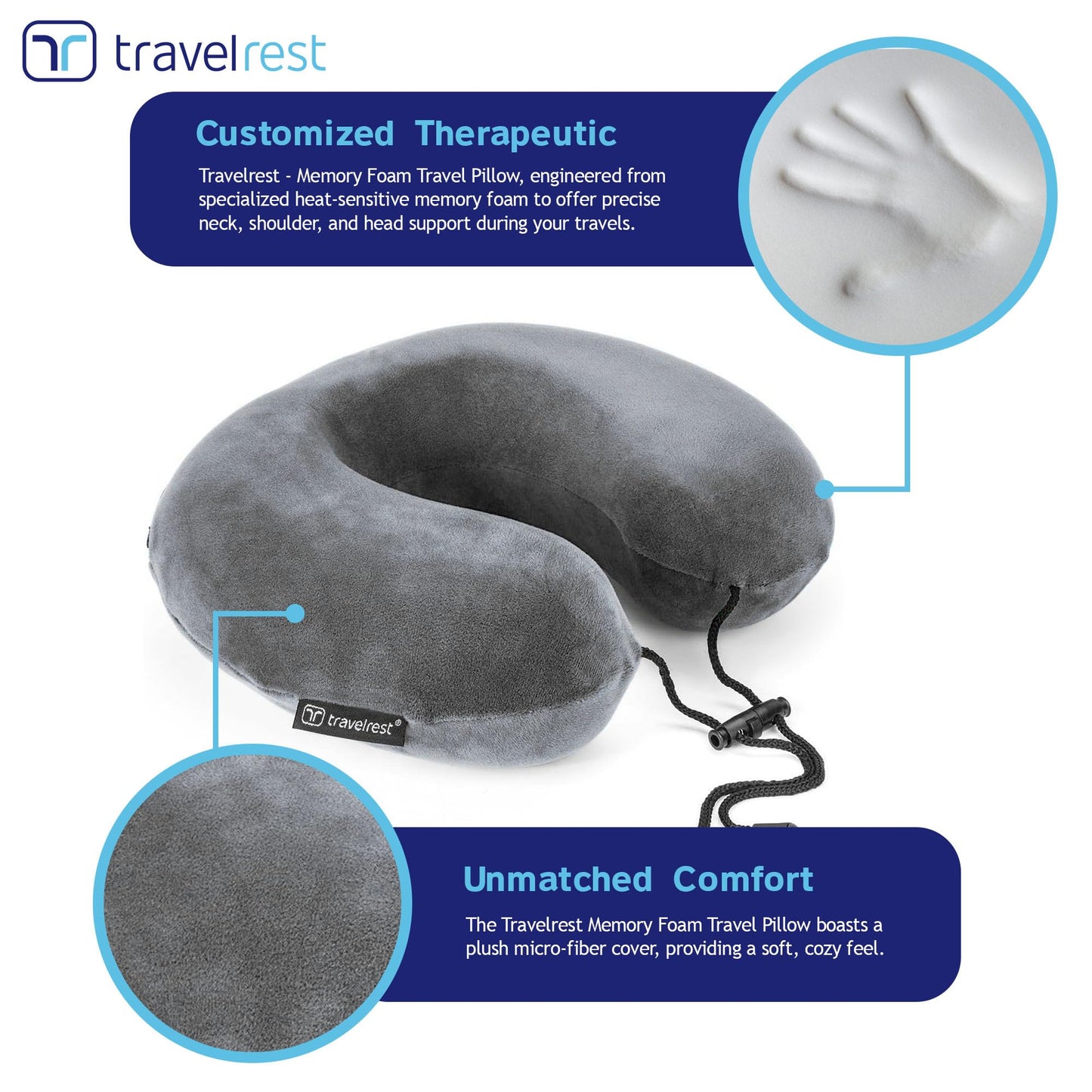 TRAVELREST Nest Neck Pillow Travel Essentials - Memory Foam Pillow and Patented Design, Support for Long Flights, Travel Accessories, Comfortable and Compact, Washable, Attaches to Luggage - Gray