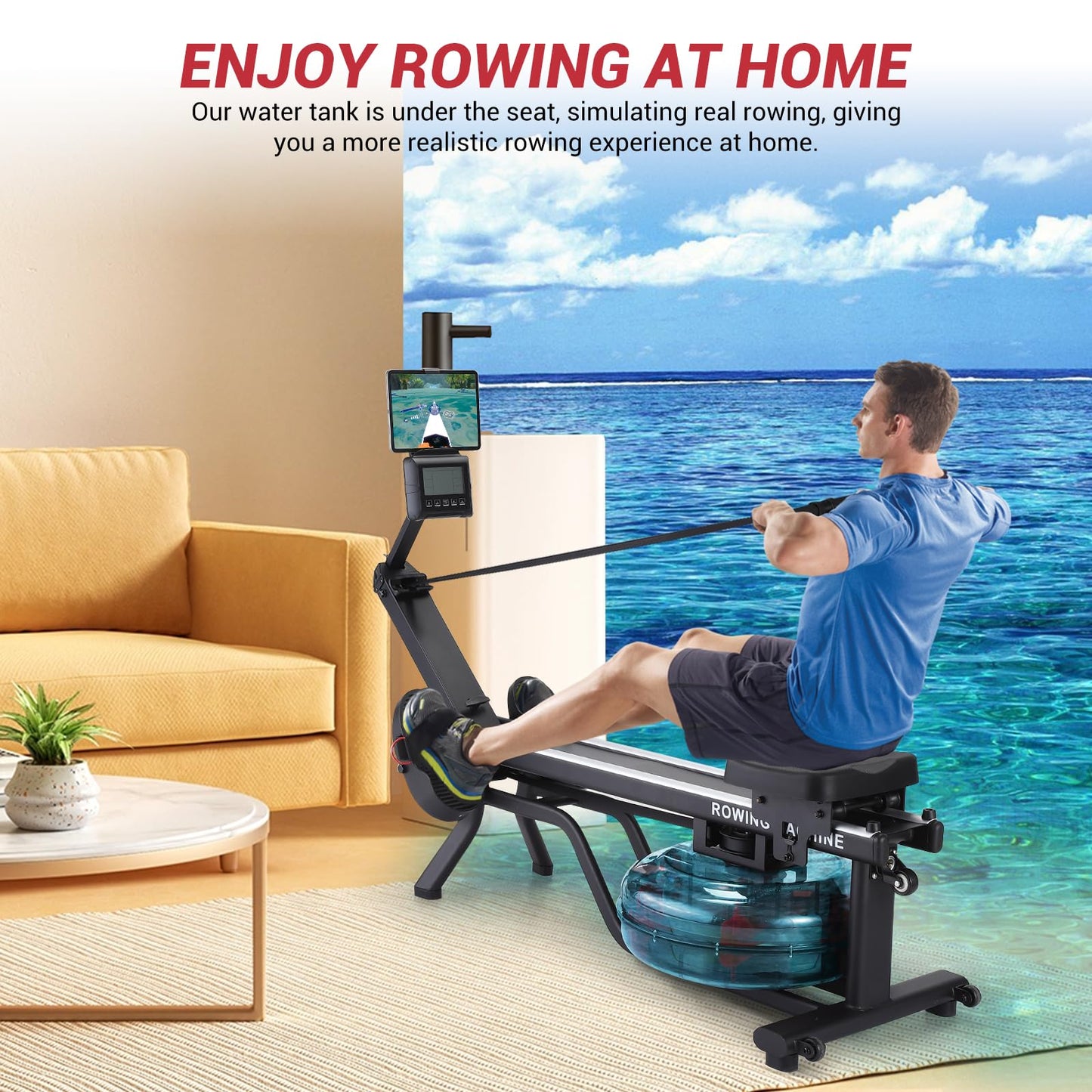 Garveelife Water Rowing Machines for Home, 380 LBS Capacity Rower Machine with Digital Monitor, Wide Ergonomic Seating and Tablet Holder, App Compatible