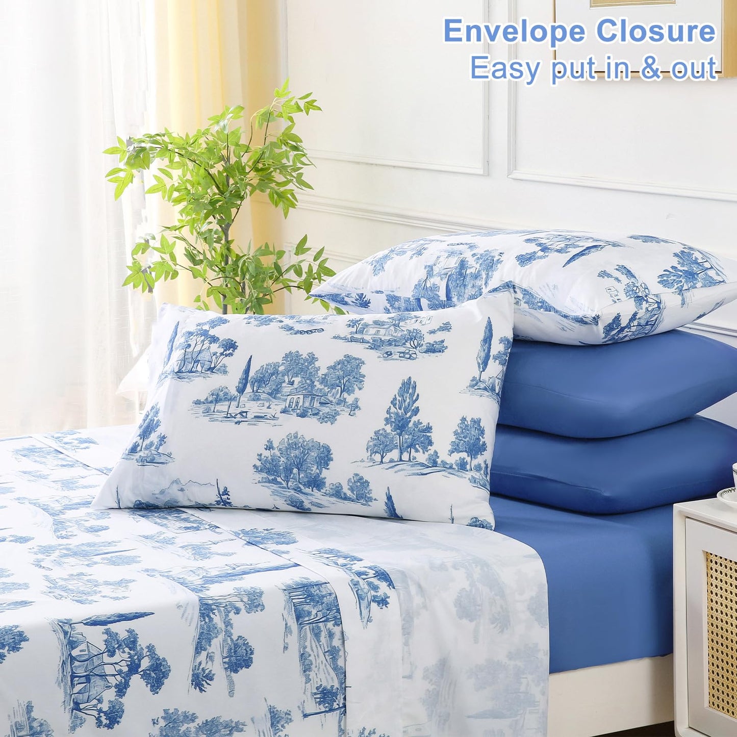 Botanical 6-Piece Queen Bed Sheets Set, Boho Floral Print Brushed Microfiber Sheets, Cooling Bed Sheet Set, Ultra Soft & Breathable, 16' Deep Pocket Fitted Sheet & Pillowcase Set, Blue Floral