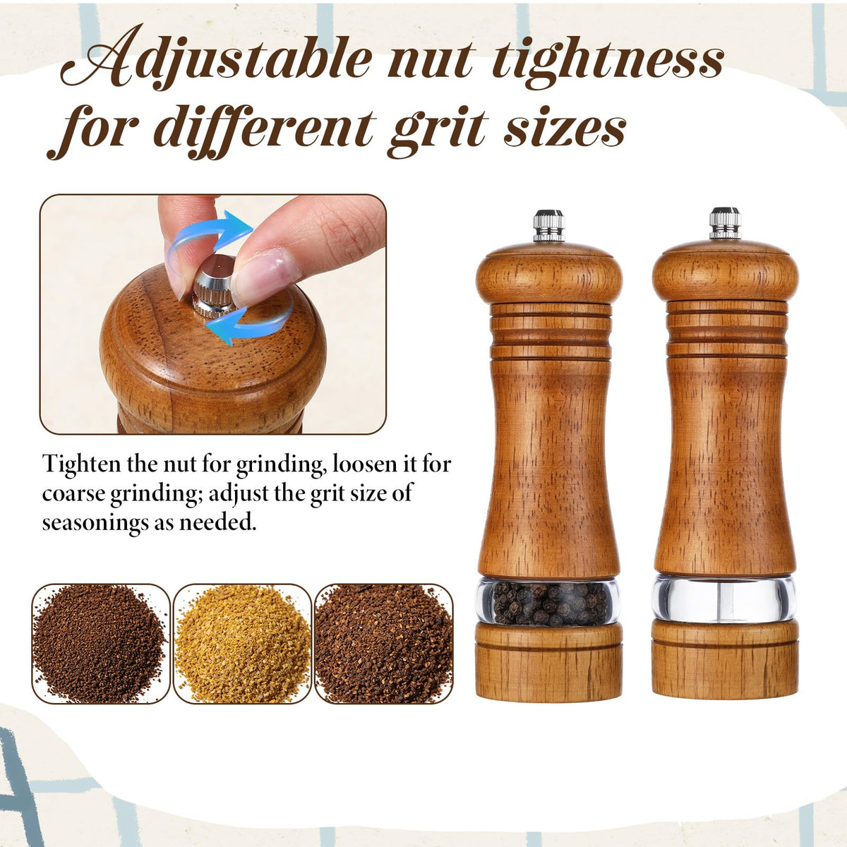 MySHUCE 2 Pack Wooden Salt and Pepper Grinder With Salt & Pepper Mill Tray, Adjustable Ceramic Grinding Rotor Manual Spice Grinder Refillable Salt Mill Sets with Acrylic Visible Window for Home Cooks