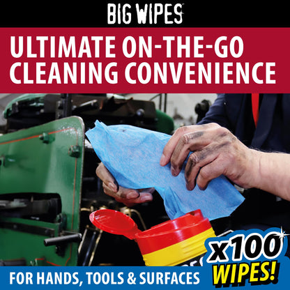 Big Wipes Heavy Duty Pro+ Hand Wipes x100 - Dispenser Tub | Removes Paint, Oil, PU Foam & Adhesives. Aloe Vera & Vitamin E Enriched, Dual-Sided Trade Wipes, Skin Safe, Tear Resistant