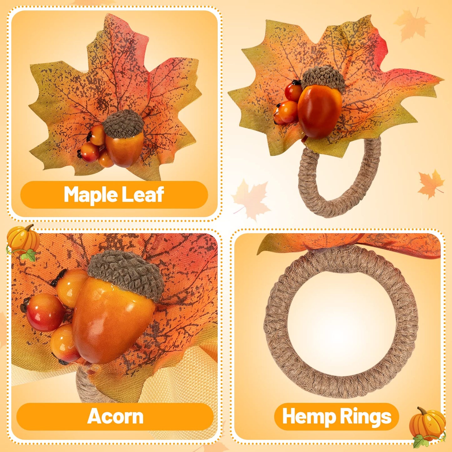Thanksgiving Napkin Rings Set of 12- Fall Napkin Rings Holders with Harvest Acorns Maple Leaf for Autumn Thanksgiving Themed Party Wedding Family Gathering Farmhouse Table Decor