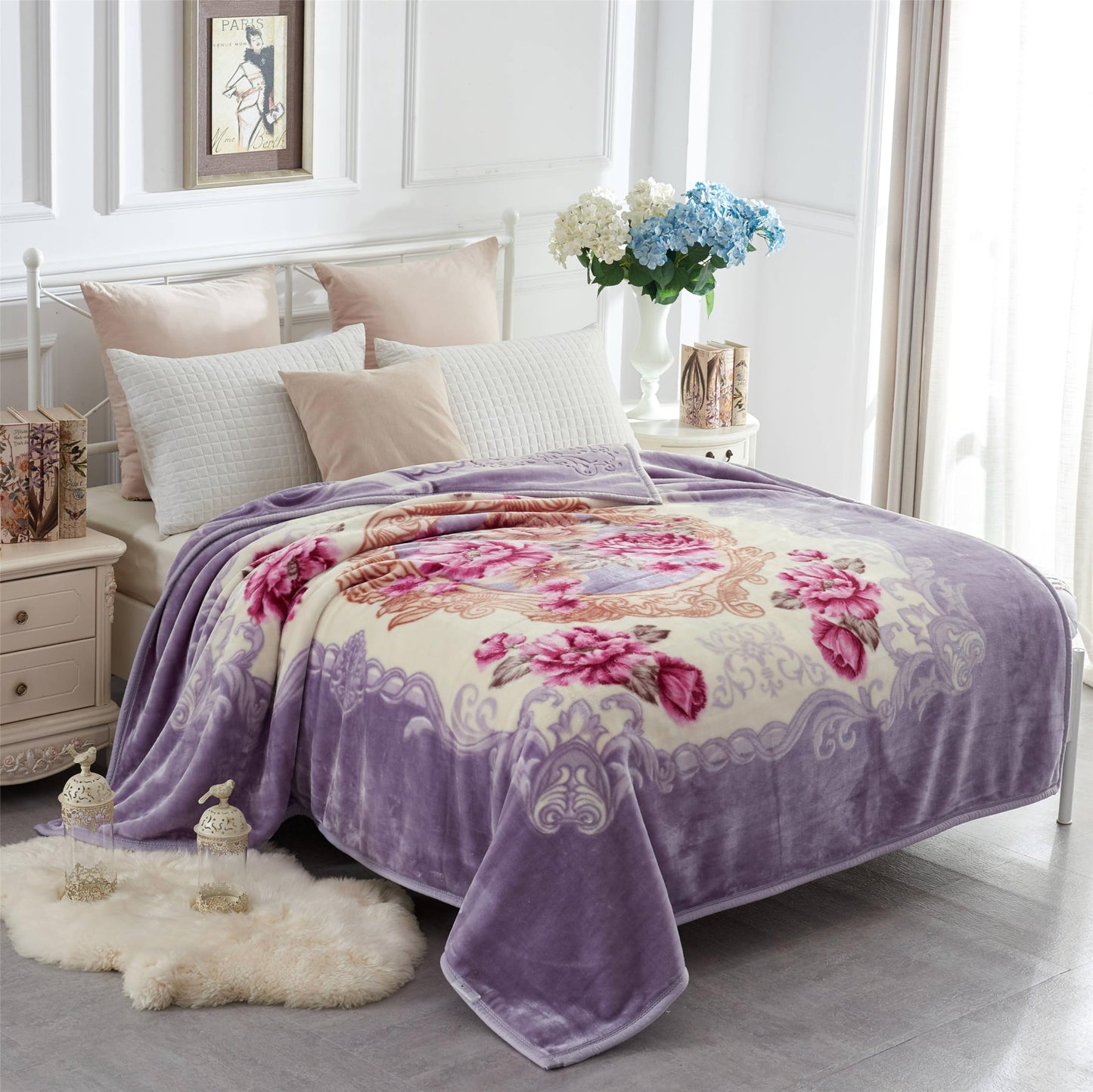 JYK Queen Size Korean Mink Blanket, 5 LB Fleece Bed Blanket - 2 Ply Reversible 520GSM Silky Soft Plush Warm Blanket for Autumn Winter, A&B Pattern Printed, (Queen 75"x87", Light Purple Peony/Peony)