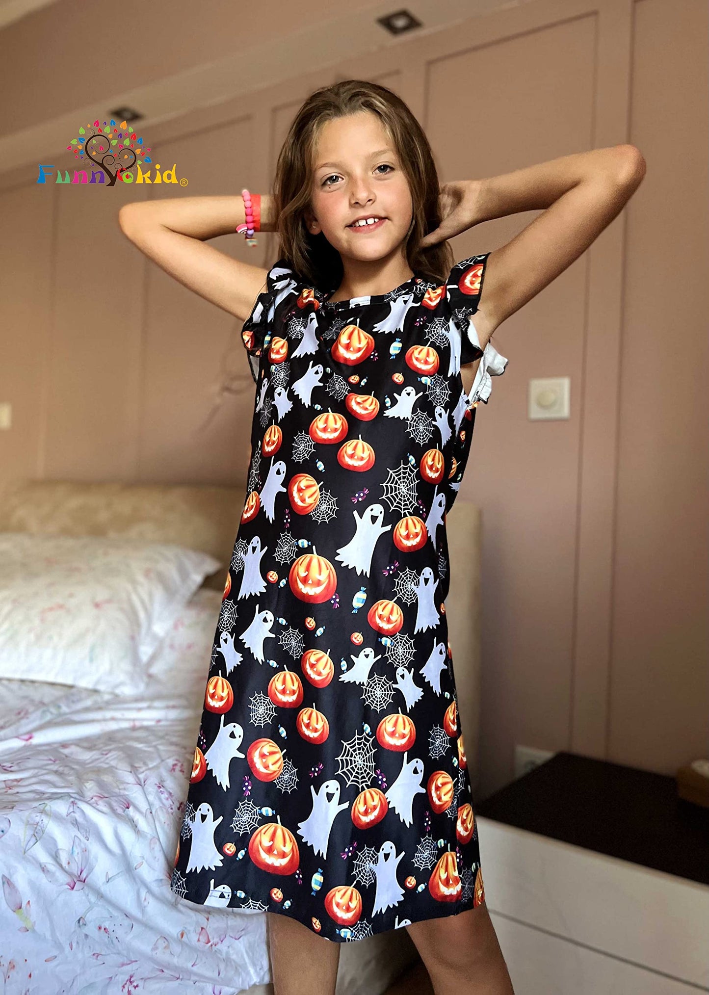 Funnycokid Princess Girls Halloween Nightgowns Pajamas Dress 10 Years Comfortable A-Line Knee Length Sleepwear for Halloween Carnival 9-10 T