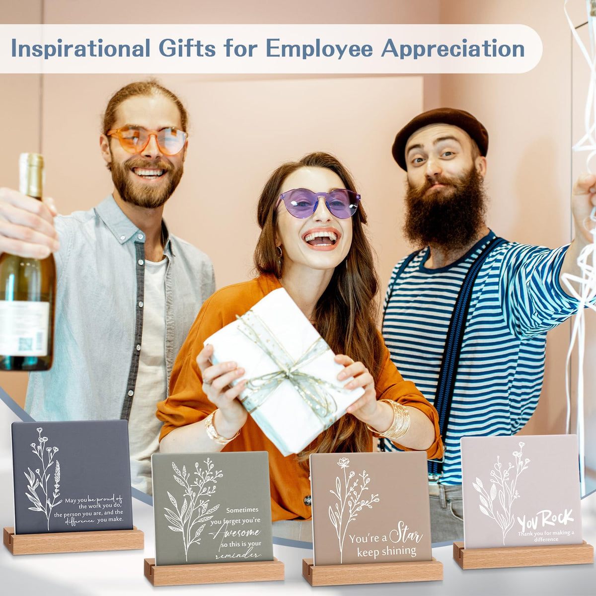 Roowest 20 Set Employee Appreciation Gifts Bulk Inspirational Desk Decor Motivational Quote Sign Table Plaques with Wooden Stand for Coworkers Teachers Thank You Favors Office Supplies