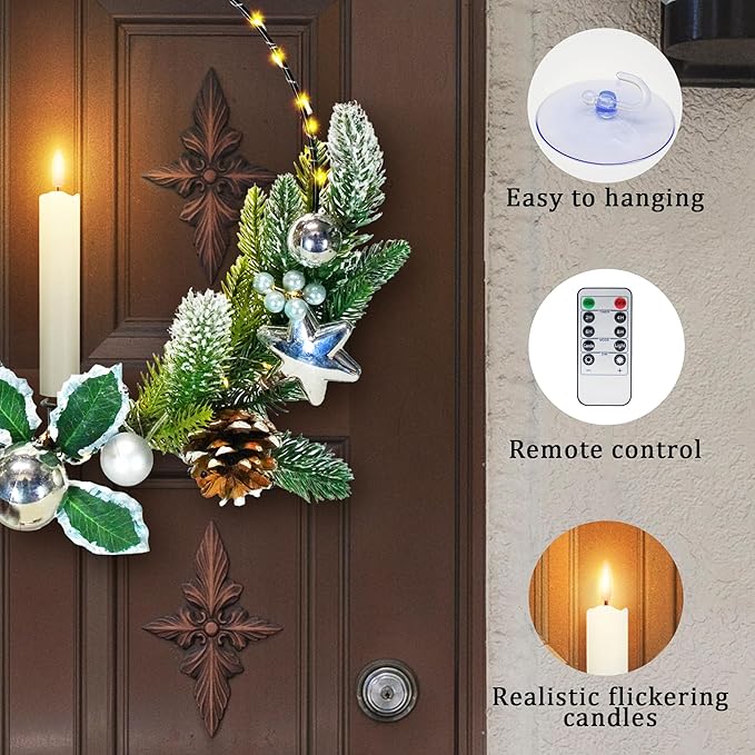 2Pack Christmas Wreaths for Front Door with Lights & Flickering LED Taper Candles & Remote, 16'' Windows Wreaths, Fireplace Christmas Decorations - Silver