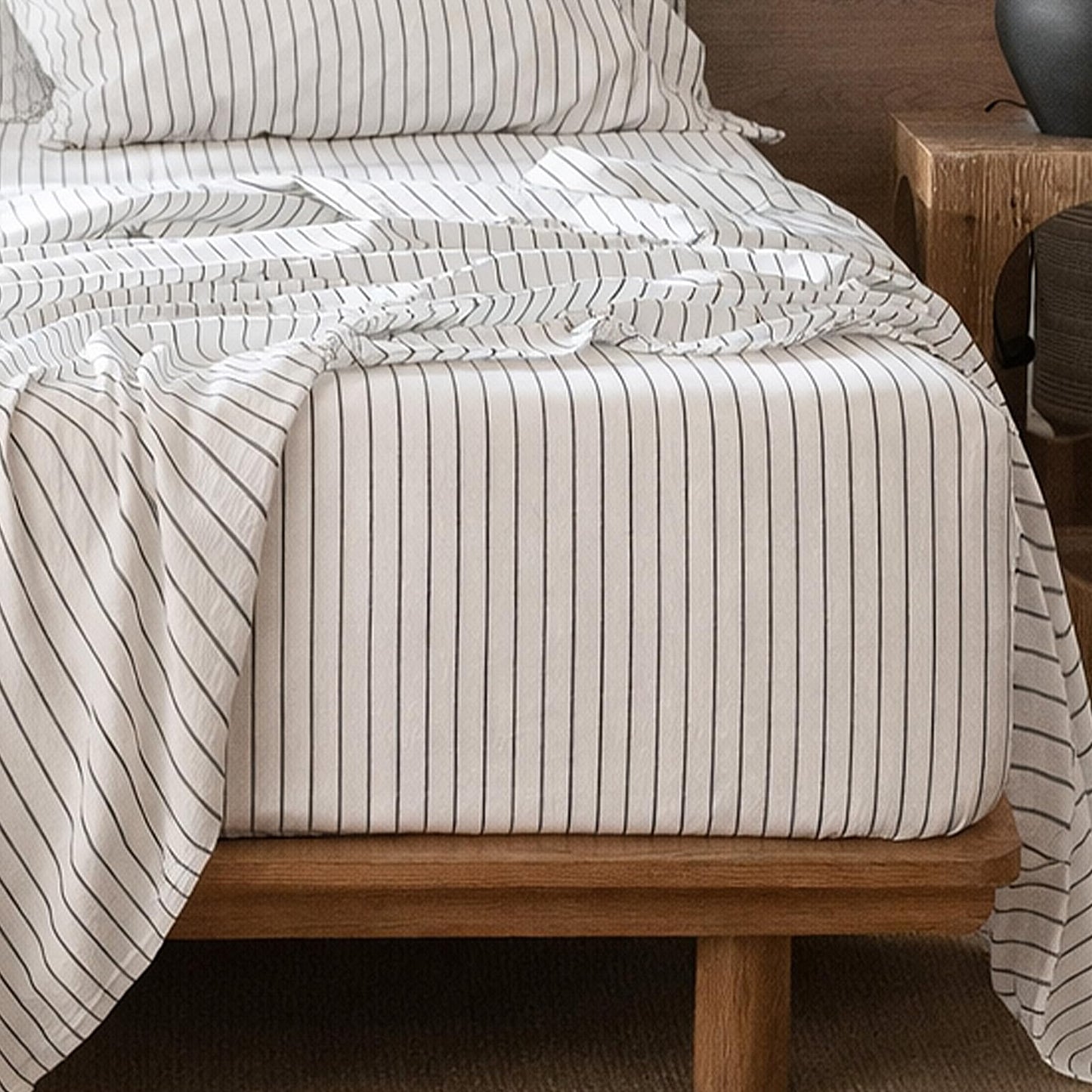 MooMee Fitted Bottom Sheet Only 100% Washed Cotton Linen Like Textured Breathable Durable Soft Comfy Deep Pocket Fits Mattress up to 17" (White Dark Grey Wide Stripes, Queen)