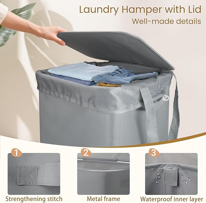 Foldable Laundry Hamper with Lid & Laundry Bag with Drawstring, Portable