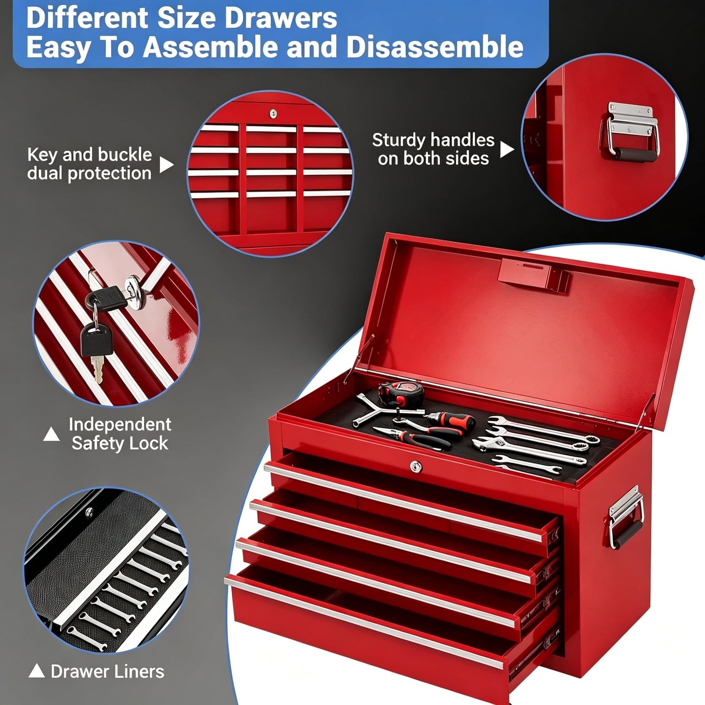 SierraSquad Heavy Duty 8-Drawer Rolling Tool Chest, 2-in-1 Detachable Top Tool Box, Locking Steel Storage Cabinet Cart on Wheels, Red