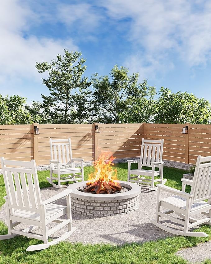 HDPE Rocking Chair Outdoor Set of 4 - Poly High Back Porch Rocker Chairs for Adults - All Weather Resistant Furniture for Patio Front Porch - White