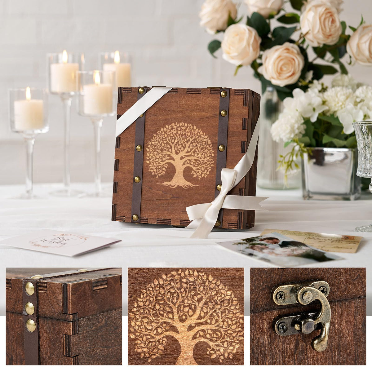 AW BRIDAL Wedding Keepsake Box with Tree of Life Engraved, Wood Decorative and Storage Boxes, Bridal Shower Gifts for Bride, Engagement Gifts for Couples Newly Engaged, Anniversary Marriage Presents