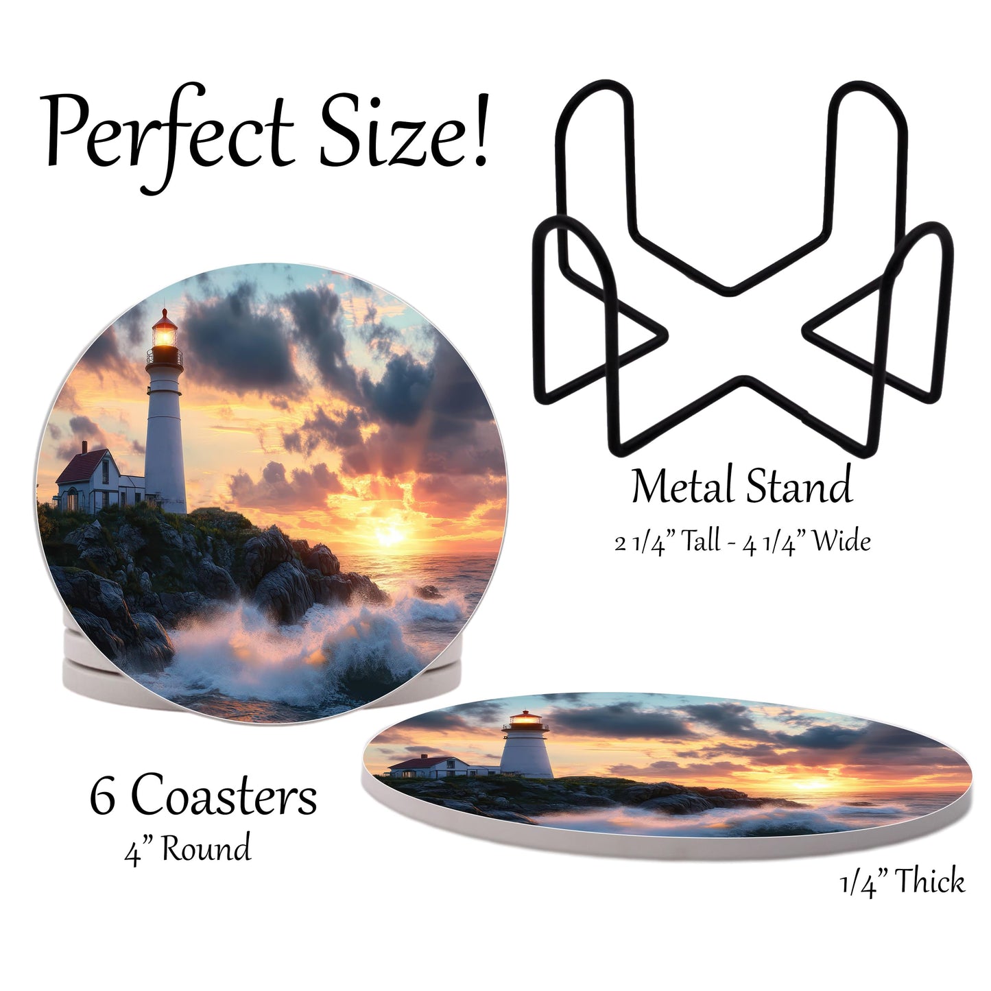 Lighthouse Beach Coastal Shore Round Coasters Set of 6 - Abosrbent Ceramic with Metal Stand for Drinks, Coffee, Non-Slip Cork Back for Tabletop Protection, 4 Inches (Sunset)