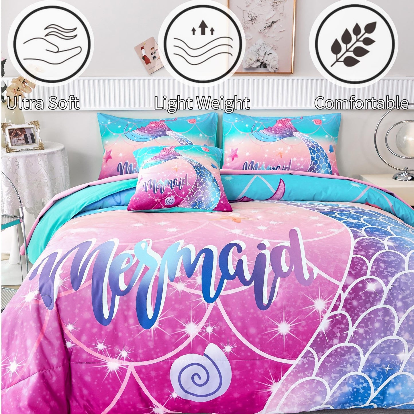 RYNGHIPY Kids Girls Comforter Set 6Pcs, Mermaid Bed in a Bag Twin Size, Fish Tail Print Teens Girls Bedding Set, Rainbow Bedding Collections
