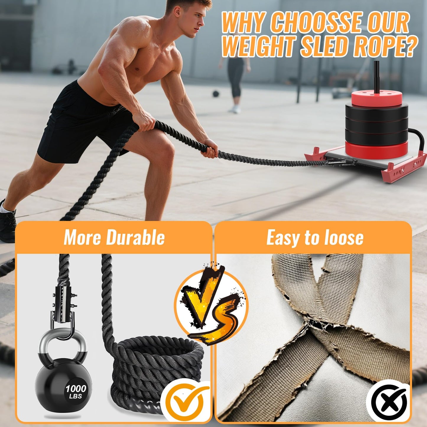 Keepark Weight Workout Sled Pulling Rope - Heavy Duty Workout Rope for Weight Sled, Tire Drag, Football Training - Fitness Resistance Exercise Equipment for Men & Women - 1.5 Inch x 50FT