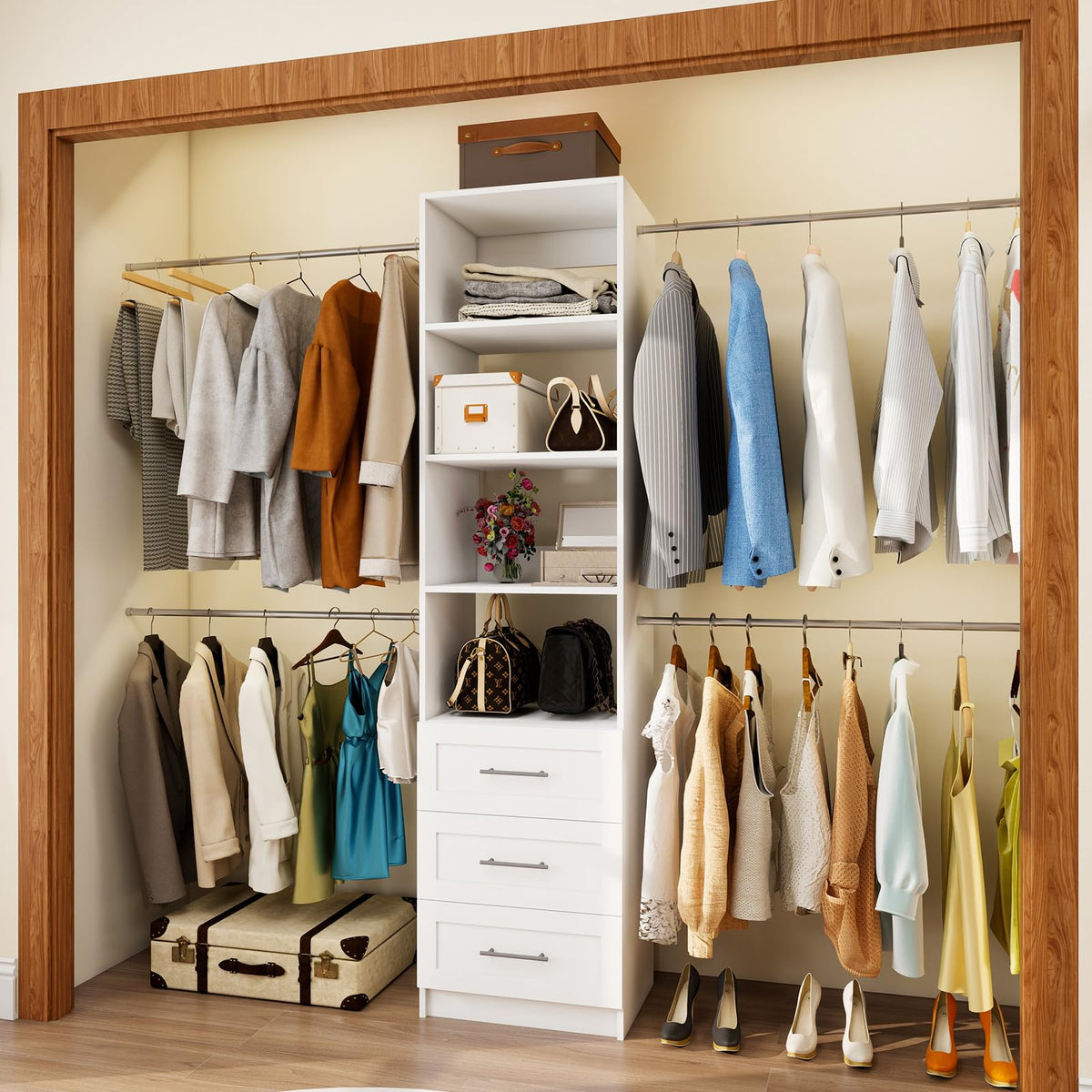 Closet System, 5FT-8FT Closet Organizer System with 3 Wooden Drawers, 99" Walk In Closet Organizer and Storage with 4 Expandable Hanging Rods, Wall Mount, White